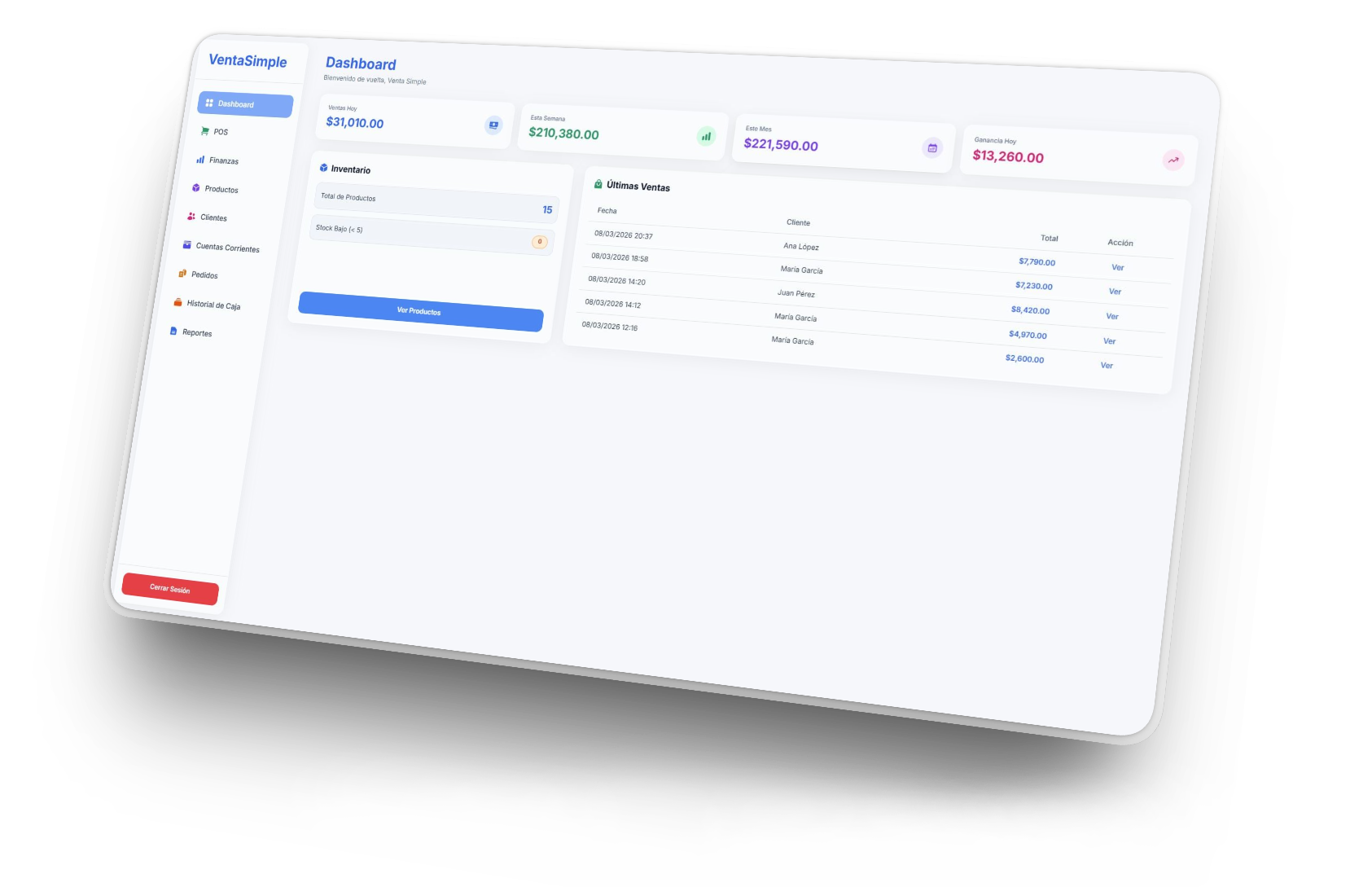 Sistema POS VentaSimple: punto de venta, caja, cuentas corrientes e informes en una sola pantalla