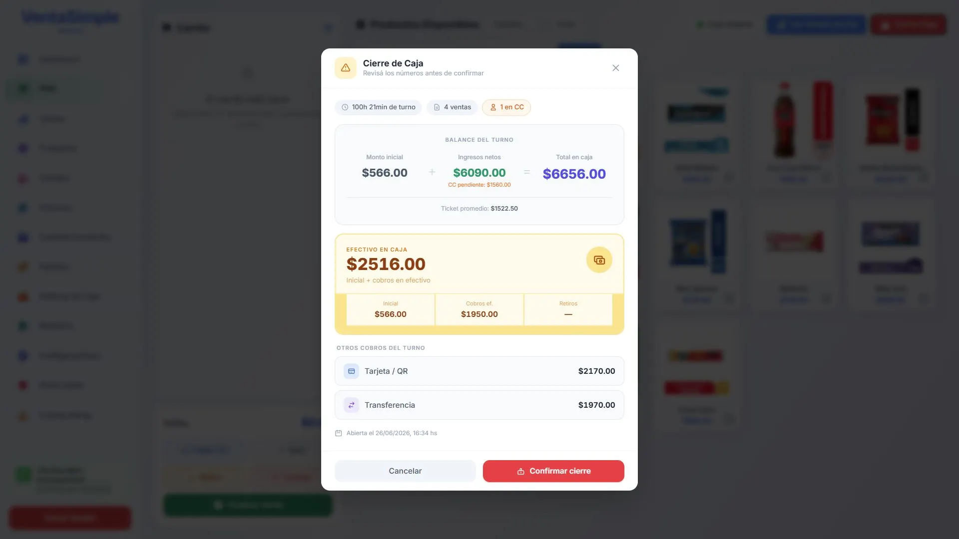 Cierre de caja en VentaSimple al final del día