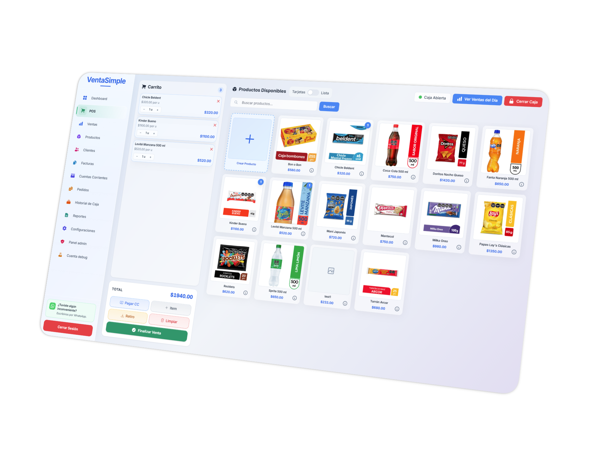 Pantalla del sistema para despensa VentaSimple: punto de venta, carrito y caja