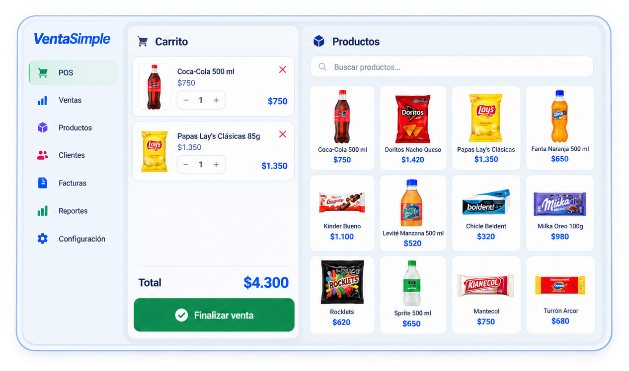 Punto de venta de VentaSimple con carrito, total y catálogo de productos